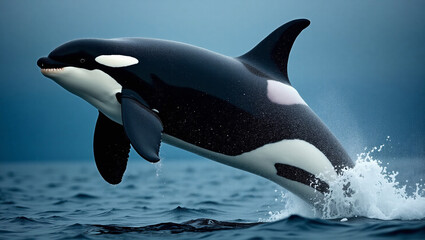 Powerful orca breaching from crystal-clear waters, ultra-detailed water droplets and natural light reflections – semi-transparent background for dynamic aquatic designs. Ideal for marine life themes, 