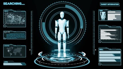 Futuristic robot, artificial intelligence CGI big data analytics and programming . Robotic man 3D render animation . - Powered by Adobe