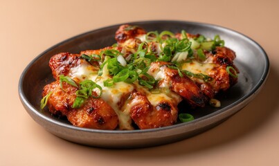 Fototapeta premium Grilled chicken drenched in spicy gochugaru sauce topped with cheese served on a steel plate against a soft pastel background