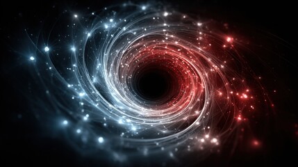 Obraz premium A swirling cosmic phenomenon showcases a black hole surrounded by vibrant red and blue gases. Stars twinkle as they dance around this captivating central void in the universe.