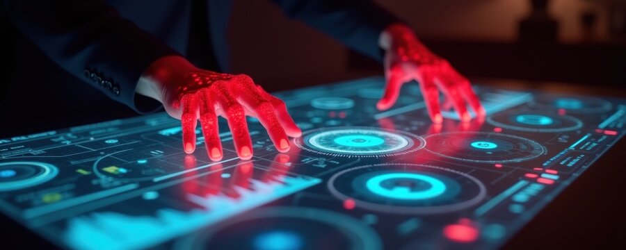 Futuristic hands interact with a glowing digital interface, showcasing innovative technology and interactive design. a vibrant blend of red and blue accents enhances visual appeal.