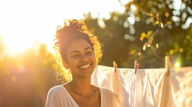 Young woman smiling happily laundry hangs sunbeams radiating golden hour Warm sunlight creates a bright cheerful peaceful outdoor scene fresh air carefree moment