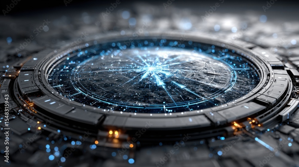 Poster a striking visual showcases a circular pattern filled with glowing lights and intricate circuitry de