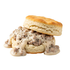 A classic, hearty Southern breakfast of fresh biscuits and sausage gravy on isolated transparent background, a traditional American comfort food.