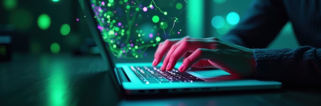 A person typing on a laptop illuminated by vibrant green and blue lights, representing digital innovation and technology in a modern workspace. - Powered by Adobe