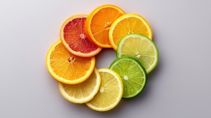 Colorful citrus fruit slices beautifully arranged in a circular pattern showcasing vibrant hues of orange, yellow, red, and green