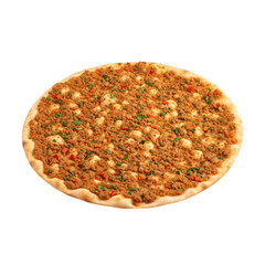 A thin and crispy, traditional Turkish Lahmacun, or Turkish pizza, with a meat topping on isolated transparent background, a popular light meal.