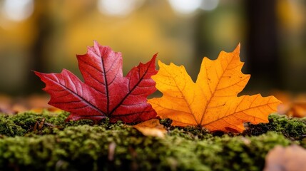 A beautiful composition of red and orange autumn leaves resting on lush moss, capturing the essence of fall, nature's vibrant colors, and the tranquility of woodland settings.