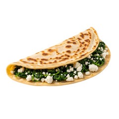 A rustic, freshly made Turkish Gözleme flatbread with a spinach and feta filling on isolated transparent background, a classic savory pastry.