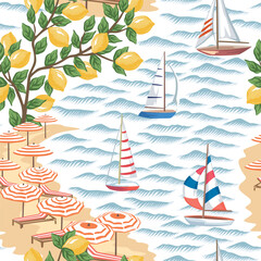 Sand coast, beach, lounge chair, umbrella, sailboat, lemon tree, sea wave, island seamless pattern. Summer resort wallpaper.