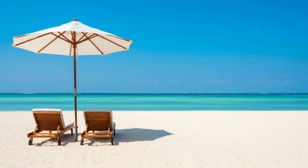 Fototapeta premium Beautiful beach vacation with sun umbrella and beach chairs for relaxation and summer holiday getaway