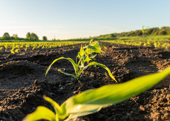 Fresh corn seedlings stretch upward from dark, rich soil in a farm field. The warm sun bathes the...