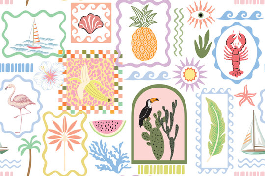 Sailboat, sea wave, palms, flamingo, lobster, toucan, cactus, pineapple, watermelon, banana, hibiscus flower, shell, eye in the frames seamless pattern. Summer patchwork wallpaper.
