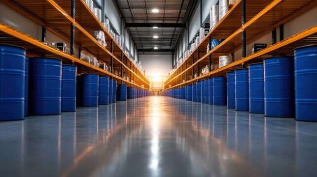 An organized warehouse aisle lined with blue drums reflects a clean, industrial aesthetic under bright lighting, emphasizing order and efficiency in a professional storage environment.