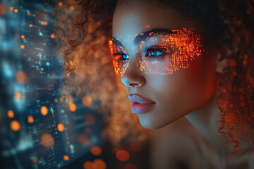 Portrait of a young woman with a digital mask made of bright orange pixels, symbolizing augmented or virtual reality.   