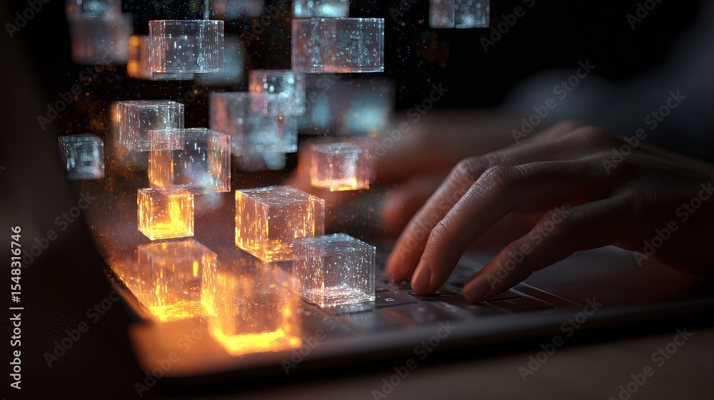 Poster digital data cubes flowing from laptop keyboard abstract technology background futuristic digital in