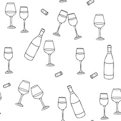 Wine graphic Seamless pattern. Wine Bottle, Cork and clinking Glasses. Hand drawn Vector illustration in Doodle style. For restaurant menus and graphic design projects.