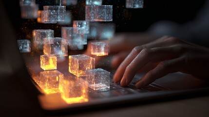 Digital Data Cubes Flowing from Laptop Keyboard Abstract Technology Background Futuristic Digital Innovation Concept Modern Data Network Cybersecurity Internet           