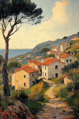 A picturesque oil painting in the impressionist style depicts a southern village by the coast, located on a hilly area overlooking the sea. 