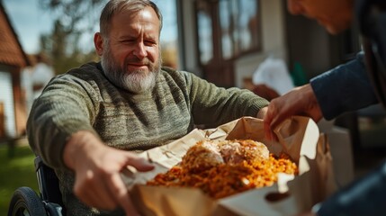 An elderly man in a wheelchair smiles as he receives a meal in a beautiful garden setting, capturing moments of kindness and community support.