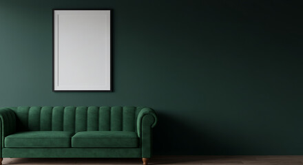 Poster mockup with vertical frame on empty dark green wall with green velvet sofa.3d rendering