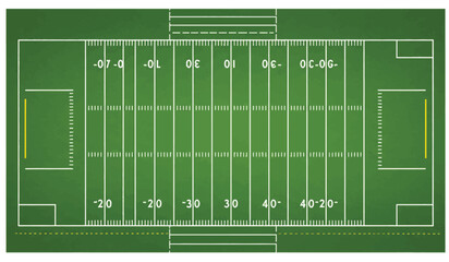 Obraz premium American football field, stripe grass with white pattern lines. Top view flat vector 