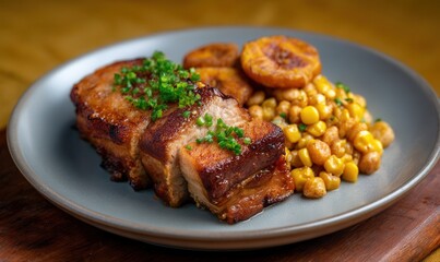 Experience the flavors of Ecuador with exquisite hornado featuring crispy pork, hominy, and fried plantains served on a stylish plate