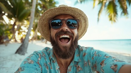 A cheerful man with a beard, wearing a straw hat, joyfully takes a selfie on a tropical beach, surrounded by palm trees and the inviting ocean, embodying blissful vacation vibes.