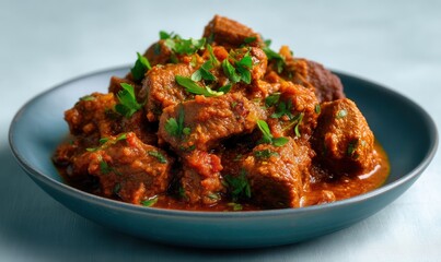 Fototapeta premium Experience the bold flavors of vindaloo with slow-cooked pork in a spicy red chili and vinegar sauce served on a slate-blue plate for Goa-inspired feasts