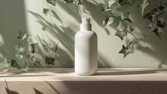 Matte Skincare Pump Bottle on Wooden Surface With lvy Leaves and Natural Light Shadows, Natural Background