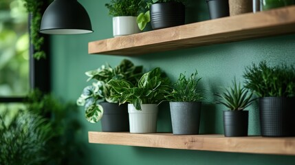 A beautiful display of various green plants arranged on wooden shelves highlights the natural beauty, promoting a fresh, vibrant atmosphere in any indoor space.