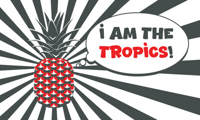 Vector pop art illustration of a pineapple with a speech bubble and bold radial background. Playful, tropical, and creative design with comic style and strong visual impact.