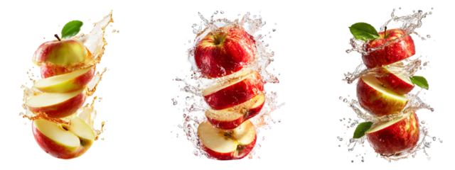 Splashing Red Apple Slices – Juicy Fruit Explosion with Water Motion on Transparent Background