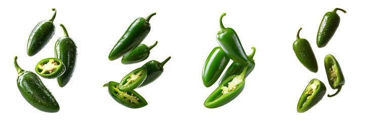 Whole and Halved Green Jalapeño Peppers – Fresh Spicy Chilies with Seeds Isolated on Transparent Background