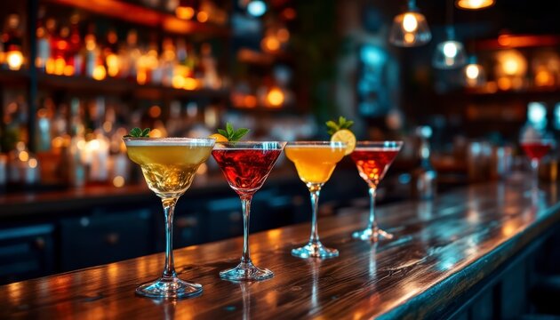Colorful Cocktails Lined up on a Polished Bar at a Trendy Lounge in the Evening