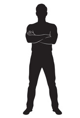Flat black silhouette of man standing full body, arms crossed over chest, front-facing view on white background PNG
