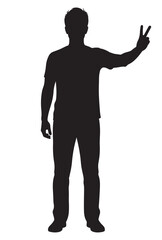 Flat black silhouette of man standing full body, front view, making peace sign with one hand, calm gesture on white background PNG