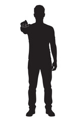 Flat black silhouette of man standing full body, front view, pointing forward with one hand, assertive directive gesture on white background PNG