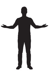 Flat black silhouette of man standing full body, front view, both hands extended forward as if presenting or offering something on white background PNG