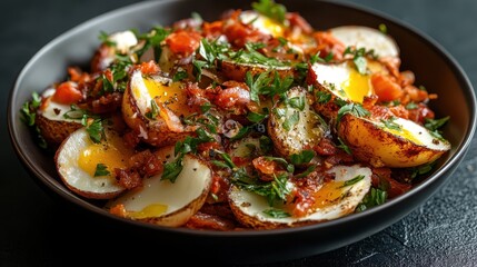 Fototapeta premium A mouthwatering plate of baked eggs nestled in a bed of tomatoes and herbs, representing culinary creativity and comfort food in modern dining experiences.