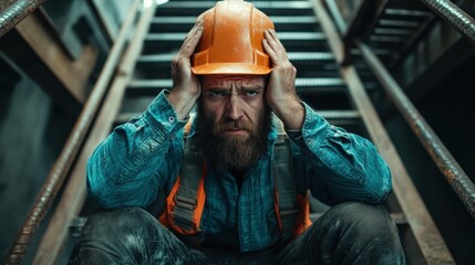 A construction worker sits on the steps, visibly stressed and tired, showcasing the emotional toll and challenges faced in the construction and labor industries today.