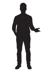 Flat black silhouette of man standing full body, one hand in pocket and other gesturing, front view on white background PNG