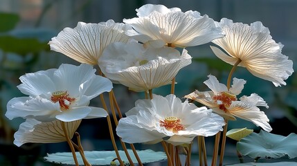 this image showcases a cluster of white flowers with delicate petals. the flowers' centers display a reddish orange hue, providing a contrast to the surrounding white