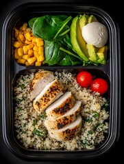 the image captures a healthy, balanced meal neatly arranged in a divided, dark tray