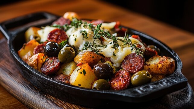 Delicious chorizo and potato platter served with olives and cheese for sharing at a vibrant tapas restaurant - Powered by Adobe