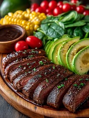 a vibrant dish features sliced cooked meat presented on a wooden platter, accompanied by an array of fresh produce