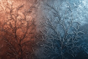 Frosted tree branches create a stunning contrast against a textured background, showcasing intricate patterns of ice and frost in warm and cool tones, evoking a sense of winter beauty
