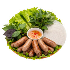 A platter of Vietnamese grilled pork sausage, Nem Nướng, with fresh herbs for wrapping on isolated transparent background, a fun, interactive meal.