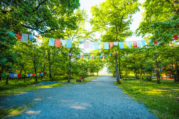 The snow-white Zalaszanto Peace Stupa, a Buddhist building and religious center near Lake Balaton in Hungary