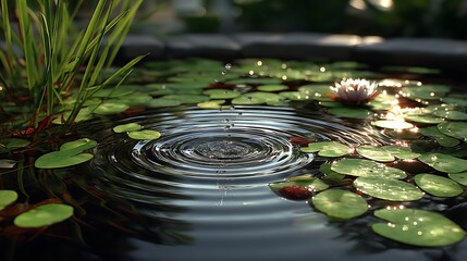 the image depicts a tranquil pond, where a drop of water has just disturbed the surface, creating concentric ripples